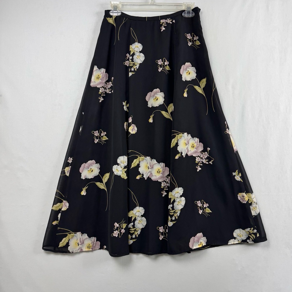 Liz Claiborne Skirt Womens Petite 10 Midi Black A-line Floral Flowy Black